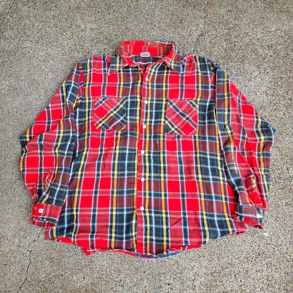 Vtg 70s JC PENNEY Big Mac Wide Plaid All Over Pattern Button Up Flannel L USA - Picture 1 of 6